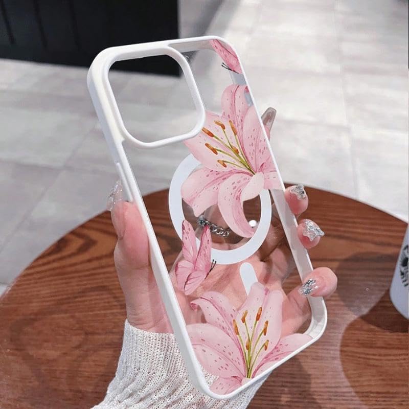 Pink Lilies Magnetic Phone Case for iPhone 17/16/15/14/13/12 Pro Fashionable Pattern Design Transparent Shockproof Classic Gift Ultra-Thin Protective Smartphone Cover (White, iPhone 17 Pro) - color: White