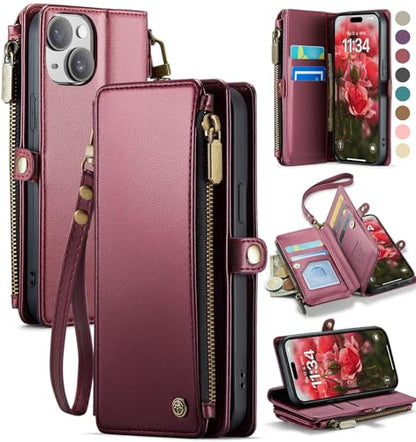 Defencase for iPhone 15 Wallet Case with RFID Blocking Card Holder, WineRed | Durable Soft PU Leather, with Zipper Pocket, Wrist Strap, Fashion Snap Flip Phone Cases Cover with Stand for Women and Men - color: Wine Red