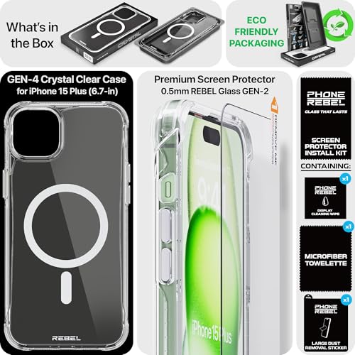 REBEL Clear Case for iPhone 15 Plus [Crystal Series Gen-4] Strong MagSafe Compatible, Anti-Scratch, Non-Yellowing, Protective Shockproof Bumpers, Metal Buttons, 6.7 Inch Phone 2023 (Crystal Clear) - color: Crystal Clear, size: iPhone 15 Plus