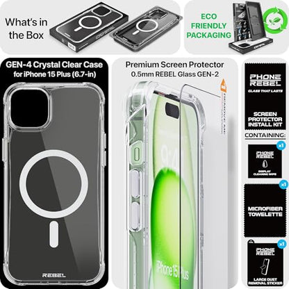 REBEL Clear Case for iPhone 15 Plus [Crystal Series Gen-4] Strong MagSafe Compatible, Anti-Scratch, Non-Yellowing, Protective Shockproof Bumpers, Metal Buttons, 6.7 Inch Phone 2023 (Crystal Clear) - color: Crystal Clear, size: iPhone 15 Plus