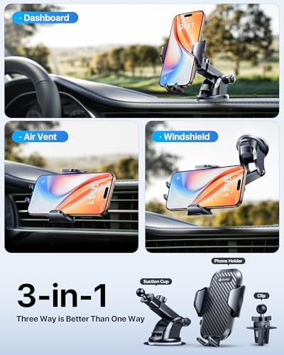 andobil Military-Grade Phone Holders for Your Car 【89+ LBS Strongest Suction & Metal Clip】 2026 Ultimate Car Phone Holder, Dashboard Windshield Vent Cell Phone Car Mount for iPhone Sumsung Android - color: Black