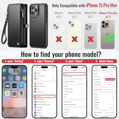 Defencase for iPhone 15 Pro Max Case Wallet Compatible with Magsafe, Black | Drop-Proof Magnetic Detachable Phone Cases Cover, with RFID Bolcking Card Holder, Zipper Strap, PU Leather, Removable Wallet - color: (Detachable with Magsafe)-Black