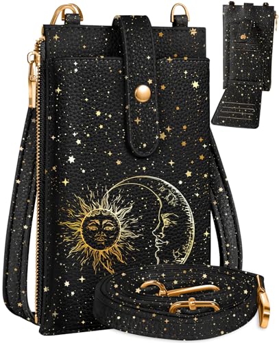 Miss Adola RFID Cell Phone Purse Crossbody Bag for Women | RFID Blocking, Card Slots, Dual Straps, Leather Phone Wallet, Magnetic Buckle, Smooth Zipper, Crossbody Purse for Daily Use - color: Black Sun Moon