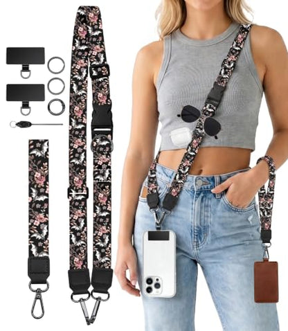 Gothic Bat Floral Phone Lanyard Crossbody Wrist Neck Strap Women - color: Gothic Bat