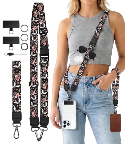 Gothic Bat Floral Phone Lanyard Crossbody Wrist Neck Strap Women - color: Gothic Bat