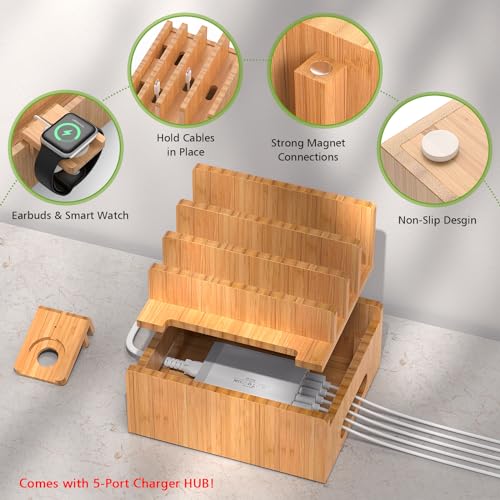 Pezin & Hulin Bamboo Charging Stations with 5 Port USB Charger & 5 Cables - color: Dock Rack +HUB +Cables
