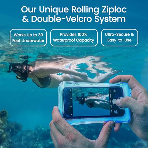 AquaVault Floating Waterproof Phone Pouch Case Universal for iPhone Android | Blue. Floats and keeps phones and cash dry. Heavy-duty PVC, drop protection, adjustable neck strap. Fits any phone size. - color: Blue