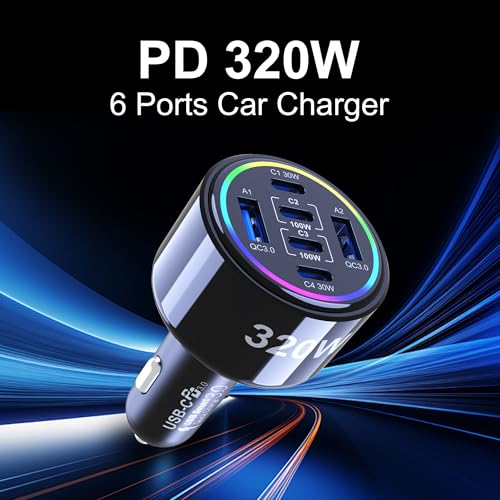 320W USB C Car Charger, 6 Ports Type C Car Charger