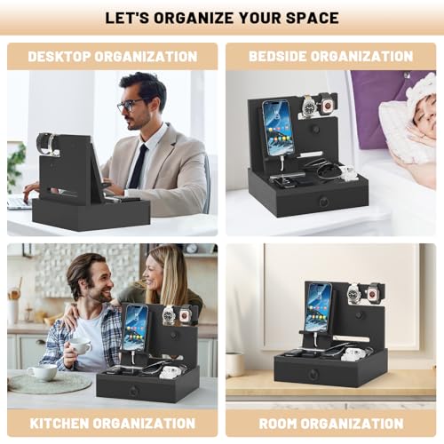 Wood Phone Docking Station, Nightstand Organizer with Drawer - color: Classic Black, size: Without charging station