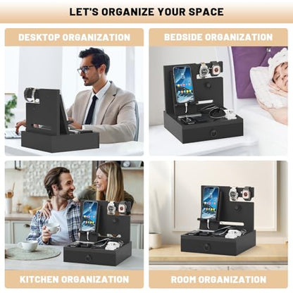 Wood Phone Docking Station, Nightstand Organizer with Drawer - color: Classic Black, size: Without charging station