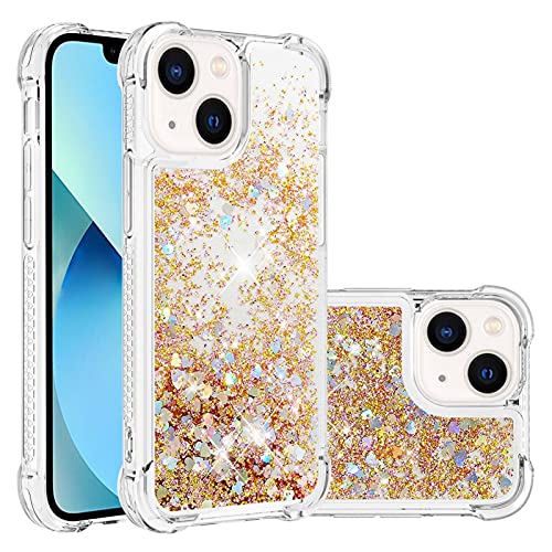 LEMAXELERS for Apple iPhone 13 Bling Glitter Liquid Case. YBL Gold | Cute Floating Quicksand Liquid Shockproof Protective, Sparkle Soft TPU for Women Girls Cover for iPhone 13 - color: Love-3, size: iPhone 13