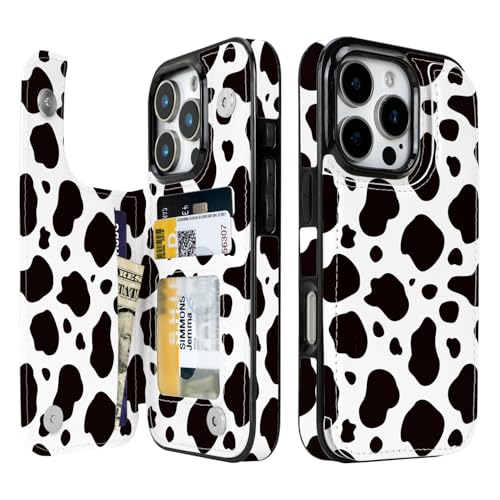 Compatible with iPhone 16 Pro Wallet Case with Card Holder, Back Flip Folio PU Leather Kickstand Card Slots Case for Women Girls, Double Magnetic Clasp Cover 6.3 Inch (Black Cow Print) - color: Black Cow Print, size: iPhone 16 Pro 6.3 inch