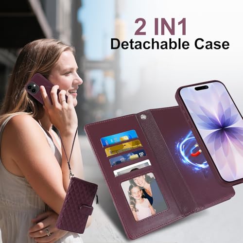 Harryshell 2 in 1 for iPhone 17 6.3 inch Wallet Case Magnetic Compatible with Magsafe RFID Blocking Card Holder Detachable Phone Cover Zipper Purse Kickstand Wrist Strap Men Women Quilted Burgundy - color: Quilted Burgundy, size: iPhone 17