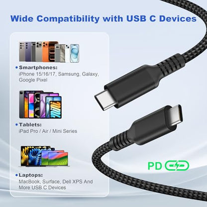 Basesailor USB C to USB C 60W Charging Cable 10FT 2Pack (Black) - color: Black, size: 10FT/3M
