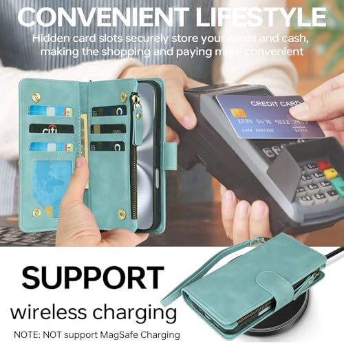 RANYOK Compatible with iPhone 16 Case Wallet - PU Leather Wallet Case for iPhone 16 with Credit Card Holder RFID Blocking Zipper Pocket with Wrist Strap Flip Folio Protective Case (Baby Blue) - color: Light Blue, size: iPhone 16, 6.1"