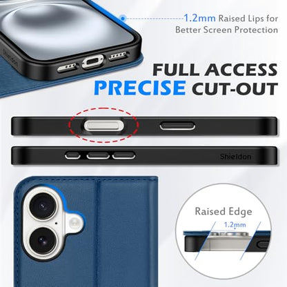 SHIELDON Genuine Leather Magnetic Case Wallet for iPhone 16, Royal Blue | Flip Magnetic Closure, RFID Blocking 3 Card Holder, Kickstand, Full Protection, Shock Absorbing Protective Cover - color: Royal Blue