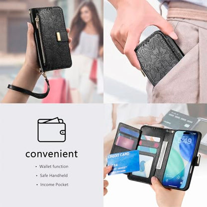 for iPhone 17 Phone Case Wallet, Black | Built-in Card Holder (8-10 Cards), Zipper Pocket, Wrist Strap, Stand Kickstand, Flower PU Leather Protective Phone Case Women - color: Black, size: iPhone 17