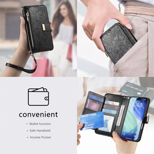for iPhone 17 Pro Phone Case Wallet, Black | Built-in Card Holder (8-10 Cards), Zipper Pocket, Wrist Strap, Stand Kickstand, Flower PU Leather Protective Phone Case Women - color: Black, size: iPhone 17 Pro
