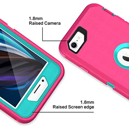MXX Case Designed for iPhone SE Case 2020 /SE 2022 Heavy Duty Protective with Screen Protector [3 Layers] Rugged Rubber Protection Cover & Rotating 360 Degree Belt Clip SE 3rd/2nd Gen(Pink/Light Blue) - color: Pink/Light Blue