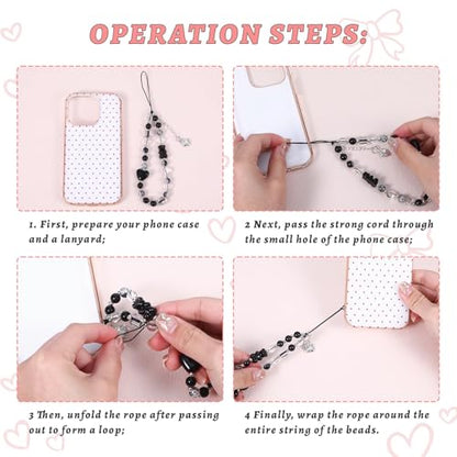 Pink Beaded Phone Wrist Straps, Y2K Phone Case Charms Camera Charm Strap, Lanyard Keychain Wristlet Aesthetic Cellphone Charm - style: 4 Black Chic Heart Bow