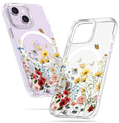 Cute Magnetic Case for iPhone 13/14 - Clear Slim Phone Cases Compatible with MagSafe Retro Flower Pattern Unique Design for Women Girls Girly Soft TPU Protective Cover for Apple 13/14 - color: Retro Flower, size: for iPhone 13/14