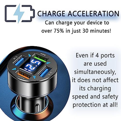 66W Fast Car Charger,4 Ports Cigarette Lighter USB Charger with LED Voltmeter,QC3.0/Super Port Car Charger Adapter Fast Charging,Compatible with Android/Samsung Galaxy/iPad - color: QC3.0/Super