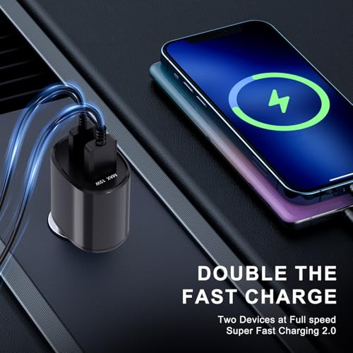 Super Fast Dual Car Charger (45W+15W) Dual Ports USB-C & USB-A White 6.6ft Cable for Samsung S25 S24 S23 S22- Black