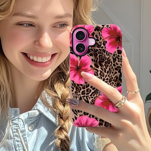 Lovmooful for iPhone 16 Case Cute Flower Leopard-Hibiscus | Compatible for iPhone 16 Case,Aesthetic,Hibiscus,Floral,2 in 1,for Women Girls,Soft TPU+PC,Shockproof,Protective - size: iPhone 16