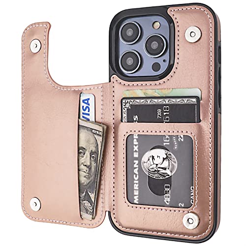 ONETOP for iPhone 14 Pro Wallet Case with Credit Card Holder,Rosegold | Kickstand,ID/Cash Holder,Case Wallet with Card Slots,Double Magnetic Clasp,Durable PU Leather Shockproof Cover for Women Men - color: Rose Gold