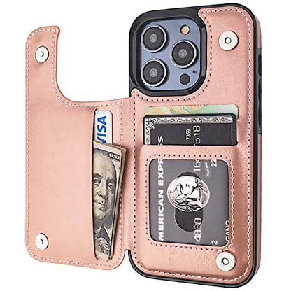 ONETOP for iPhone 14 Pro Wallet Case with Credit Card Holder,Rosegold | Kickstand,ID/Cash Holder,Case Wallet with Card Slots,Double Magnetic Clasp,Durable PU Leather Shockproof Cover for Women Men - color: Rose Gold