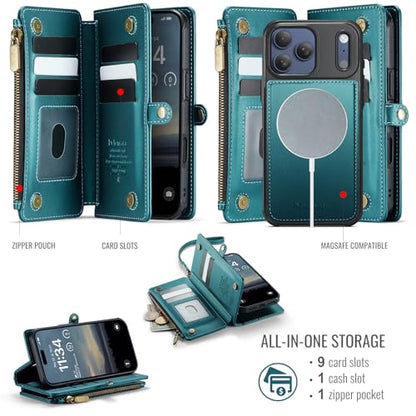 Defencase for iPhone 17 Pro Max Case Wallet Compatible with Magsafe, Green | Drop-Proof Magnetic Detachable Phone Cases Cover, with RFID Bolcking Card Holder, Zipper Strap, PU Leather, Removable Wallet - color: (Detachable with Magsafe)-Blue Green