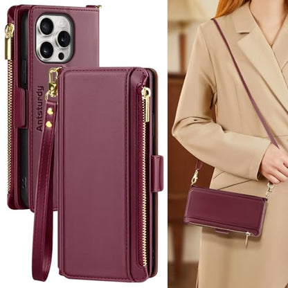Antsturdy Crossbody Phone Wallet Case for iPhone 14 Pro,Wine Red | RFID Blocking,PU Leather Flip Cover,Kickstand,with Credit Card Holder,Wrist Strap Lanyard & Handbag Purse,for Women & Men - color: (Crossbody) - Wine Red