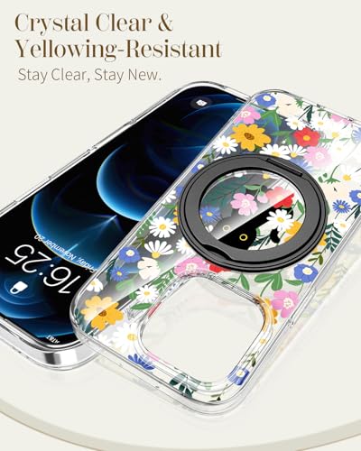 Loheckle for iPhone 12/12 Pro Case with Stand- Compatible with MagSafe Women Girls Cute Clear Girly Unique Design Soft TPU Magnetic Ring Phone Cover for Apple 12/12 Pro, Cat Flower