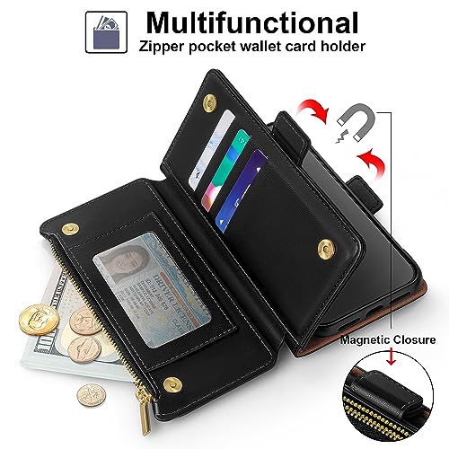 Antsturdy for iPhone 13 Pro Phone Wallet Case Women,Black | RFID Blocking,with Credit Card Holder Slots,PU Leather Purse,Zipper Pocket,Wrist Strap Kickstand,Flip Folio Cover for Men - color: A-Black