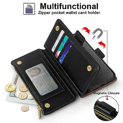 Antsturdy for iPhone 17 Pro Phone Wallet Case Women,Black | RFID Blocking,with Credit Card Holder Slots,PU Leather Purse,Zipper Pocket,Wrist Strap Kickstand,Flip Folio Cover for Men - color: Black