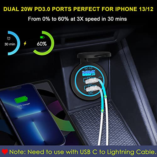 USB C Car Charger Socket – 58W Lengthened RV USB Outlet 12V Socket Dual 20W PD3.0 USB-C and 18W QC3.0 Car USB Port with Button Power Switch for Boat Marine Motorcycle