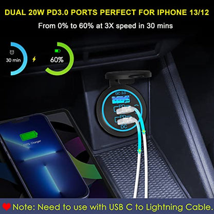 USB C Car Charger Socket – 58W Lengthened RV USB Outlet 12V Socket Dual 20W PD3.0 USB-C and 18W QC3.0 Car USB Port with Button Power Switch for Boat Marine Motorcycle