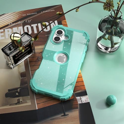 IDweel for iPhone 17 Case with Screen Protector for Women, 3 in 1 Shockproof Slim Fit Hybrid Heavy Duty Hard PC Cover Soft Silicone Bumper Full Body Anti-Fingerprint Case, Glitter Cyan - color: Glitter Cyan