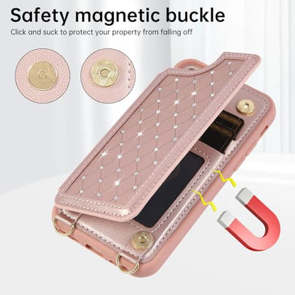 Crossbody Wallet Case for iPhone 7/8/SE 2020/SE 2022(4.7") with Detachable Strap - PU Leather Flip Folio with Card Slots & RFID Blocking, Sparkling Diamond Accents-Pink - color: Pink, size: iPhone 7/8/SE 2020/SE 2022(4.7")