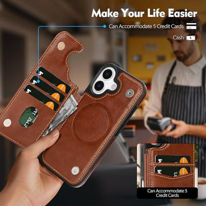 SkyEagle Compatible with MagSafe iPhone 17 Case Wallet,Brown | Magnetic Clasp,RFID Blocking,PU Leather,Flip Folio Shockproof Phone Cover,with Credit Card Slots & Kickstand for Men & Women - color: Brown, size: iPhone 17 - 6.3"