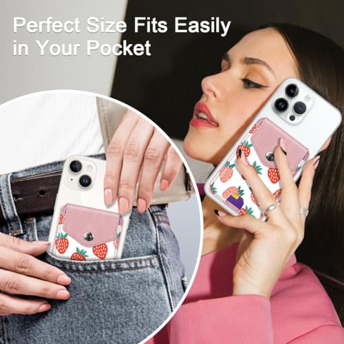 Self Adhesive Card Holders for Back of Phone, Leather RFID Phone Wallet Pockets with Snap, Card Holders Sleeve for Phone Case, Strawberry - color: Strawberry Pattern