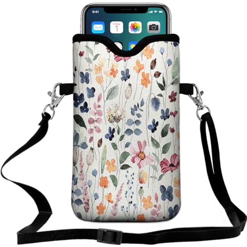 Universal Neoprene Cell Phone Pouch 7.1 X 4 in Mobile Protection Case Bag with Crossbody Strap/Neck Lanyard Colorful Boho Leaf Printed Pattern - color: Colorful Boho Leaf Printed Pattern