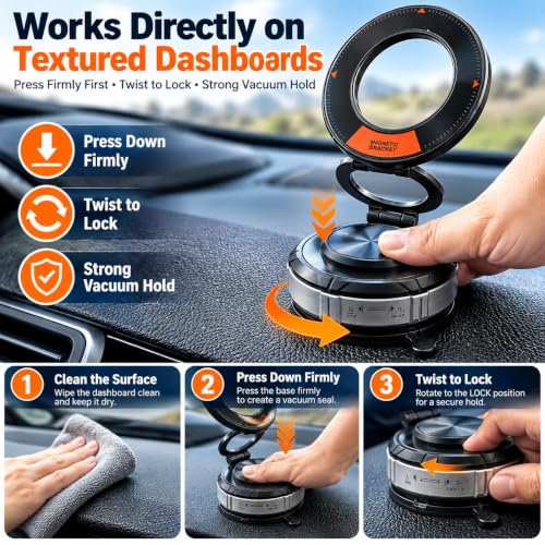 Vacuum Magnetic Car Phone Mount, Zinc Alloy Folding Suction Cup Holder with Sticky Gel Base for Dashboard & Windshield, Compatible with MagSafe iPhone, Samsung and Android Phones