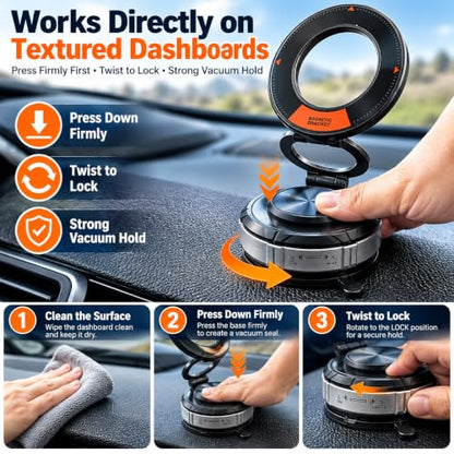 Vacuum Magnetic Car Phone Mount, Zinc Alloy Folding Suction Cup Holder with Sticky Gel Base for Dashboard & Windshield, Compatible with MagSafe iPhone, Samsung and Android Phones