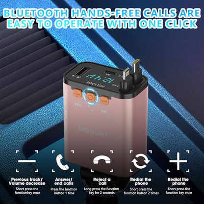Retractable Car Charger,5 in 1 Fast Cars Phone Charger 60w,Bluetooth 5.3 FM Transmitter Adapter,Handsfree Call,MP3 Player,2 Retractable Cables and USB Chargers, for Phone,Galaxy,Pixel (Pink) - color: Pink