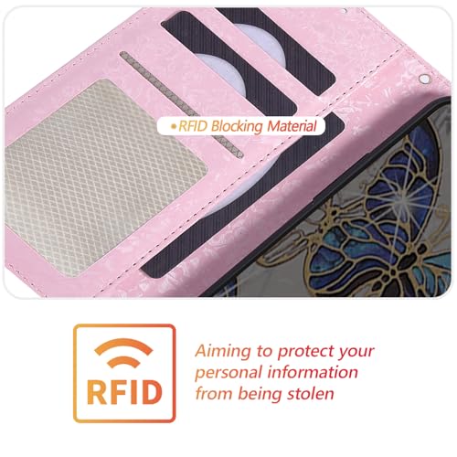 UEEBAI Wallet Case for iPhone 17, PU Leather Phone Cover Kickstand RFID Blocking Flip Case Card Slots Wrist Strap Relief Engraved Pattern Magnetic Closure Flower Folio Wallet, Blue Butterfly - color: Blue Butterfly, size: iPhone 17