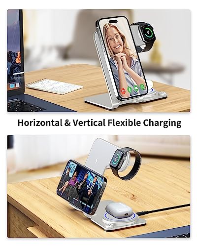 Wireless Charger, Aluminum Alloy 3 in 1 Wireless Charging Station for Apple iPhone/iWatch/Airpods,iPhone15 14,13,12,11 (Pro, ProMax)/XS/XR/XS/X/8(Plus),iWatch8/7/6/SE/5/4/3/2,AirPods 3/2/pro