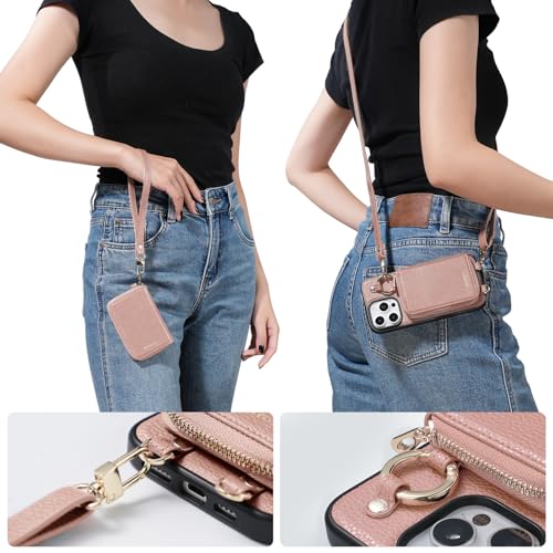 ORNARTO Magnetic Detachable Wallet Case for iPhone 16 Pro, Pink | Compatible with MagSafe, Crossbody Wallet Case with Card Holder Wrist Strap, RFID Blocking PU Leather Wallet Phone Cover 6.3” - color: Pink