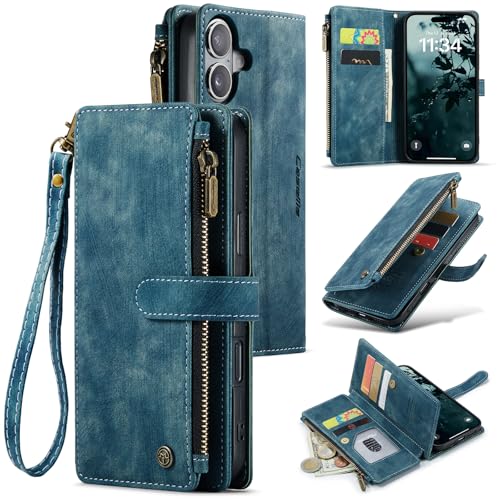 Compatible with iPhone 17 Wallet Case with Card Holder Kickstand Magnetic Zipper Pocket Lanyard Strap Wristlet,Leather Flip Case Wallet for iPhone 17 6.3 Inch (Blue) - color: Blue, size: iPhone 17 6.3 Inch