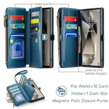 Defencase for Samsung Galaxy S23 Ultra Wallet Case with Card Holder, Blue | Durable PU Leather, with RFID Blocking Zipper Pocket, Wrist Strap, S23 Ultra Flip Phone Cases Cover with Stand for Women Men - color: Fashion Blue